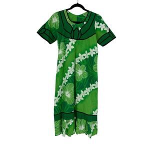 Vintage 1970s Women's Sz S/M Hawaiian MuuMuu Midi Dress Green Floral Print
